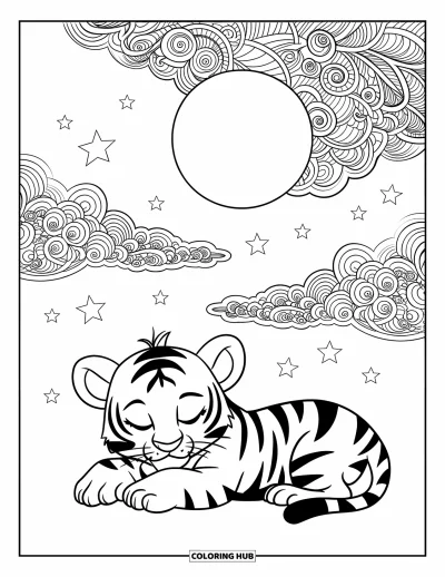 Tegning af babytiger til voksne: Tigerunge sover under en stjernefuld måne med mønstrede skyer ovenover