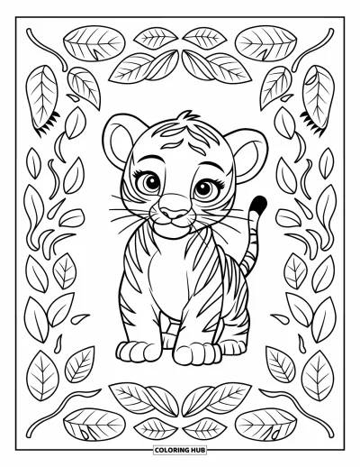Tegning af babytiger til voksne: Tiger sidder omgivet af løvrige lianer i et markant, moderne design