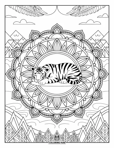 Tegning af babytiger til voksne: Tiger sover i midten af en mandala fyldt med blomstermønstre