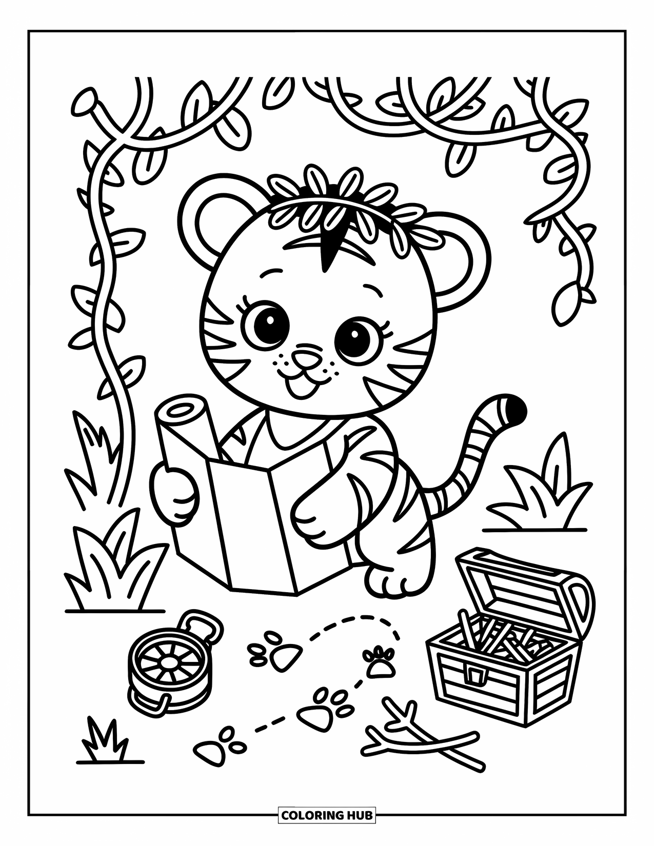 Dibujo para colorear de tigre bebé para adultos: Un pequeño tigre explorador asoma con un mapa del tesoro y un cofre de ramitas cerca
