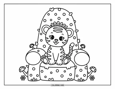 Tegning af babytiger til voksne: Bitte tigerkonge sidder på en mosgroet trone omgivet af søde svampe