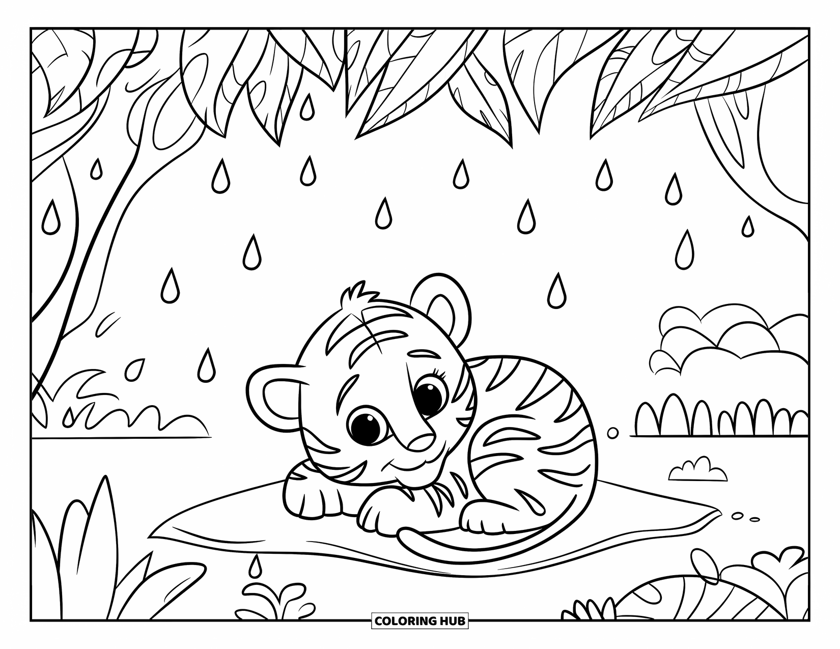 Dibujo para colorear de tigre bebé para niños: Un tigre bebé acurrucado bajo las hojas, observando cómo las gotas de lluvia caen suavemente desde arriba