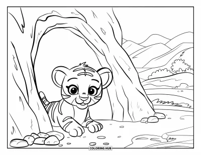 Tegning af babytiger til børn: Babytiger kigger ud fra en klippehule med spidse, årvågne ører