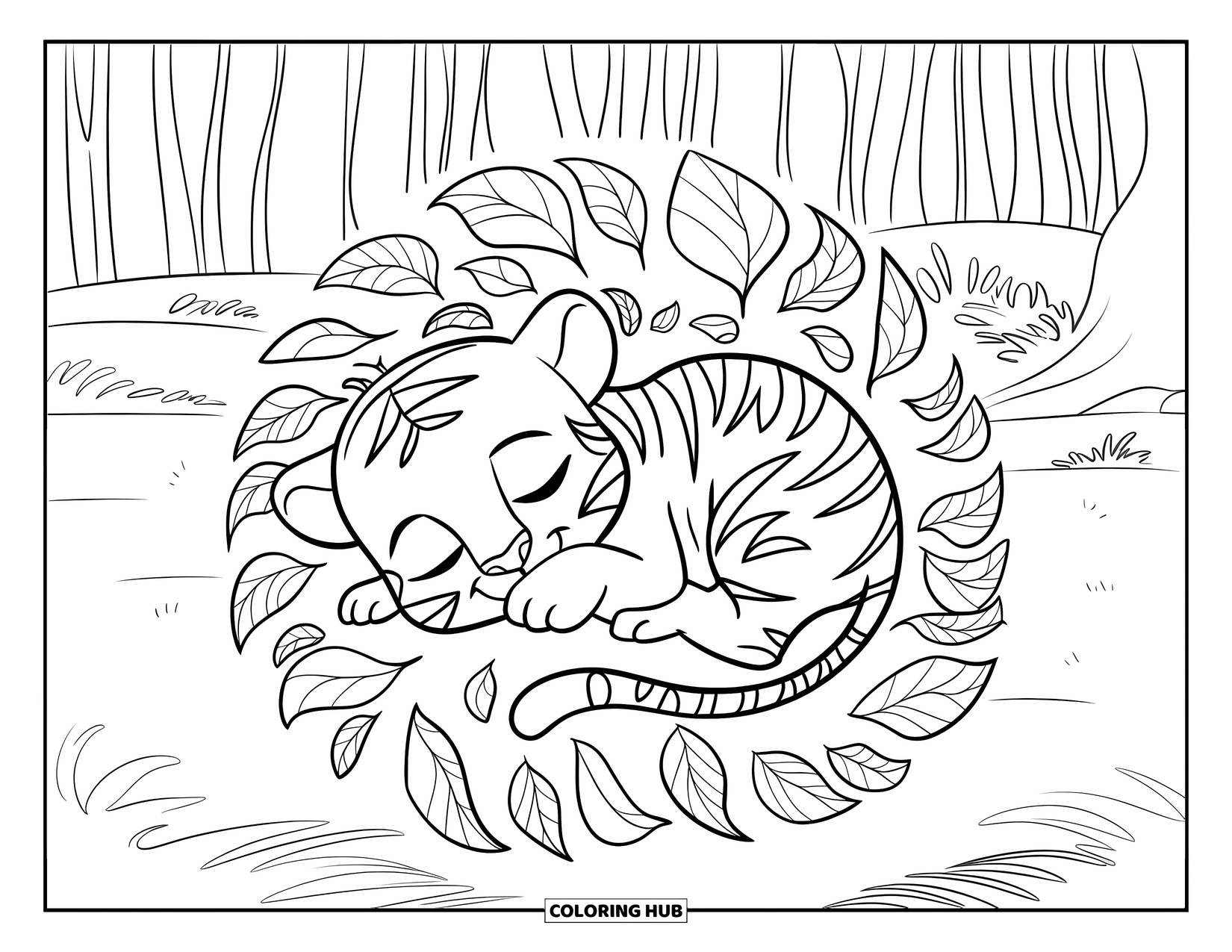Dibujo para colorear de tigre bebé para niños: Un tigre bebé duerme plácidamente en una cama de suaves hojas del bosque