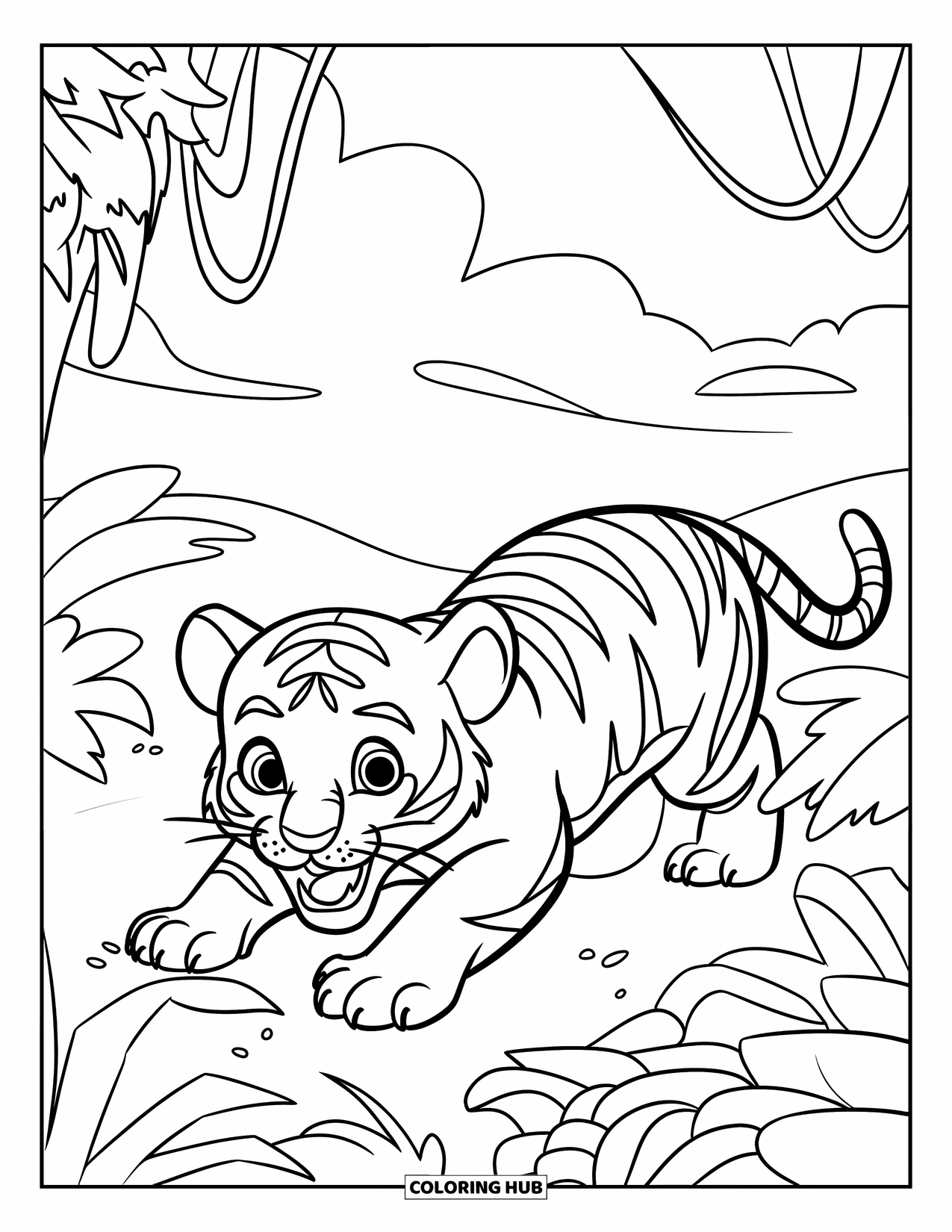 Dibujo para colorear de tigre bebé para niños: Un tigre bebé merodea a ras del suelo entre espesas hojas de la jungla, con la boca abierta