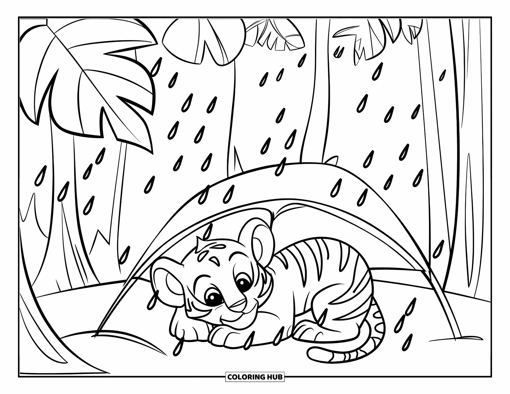 Dibujo para colorear de tigre bebé para niños: Un tigre bebé descansa bajo una cubierta de hojas, observando pacíficamente cómo las gotas de lluvia golpean el suelo