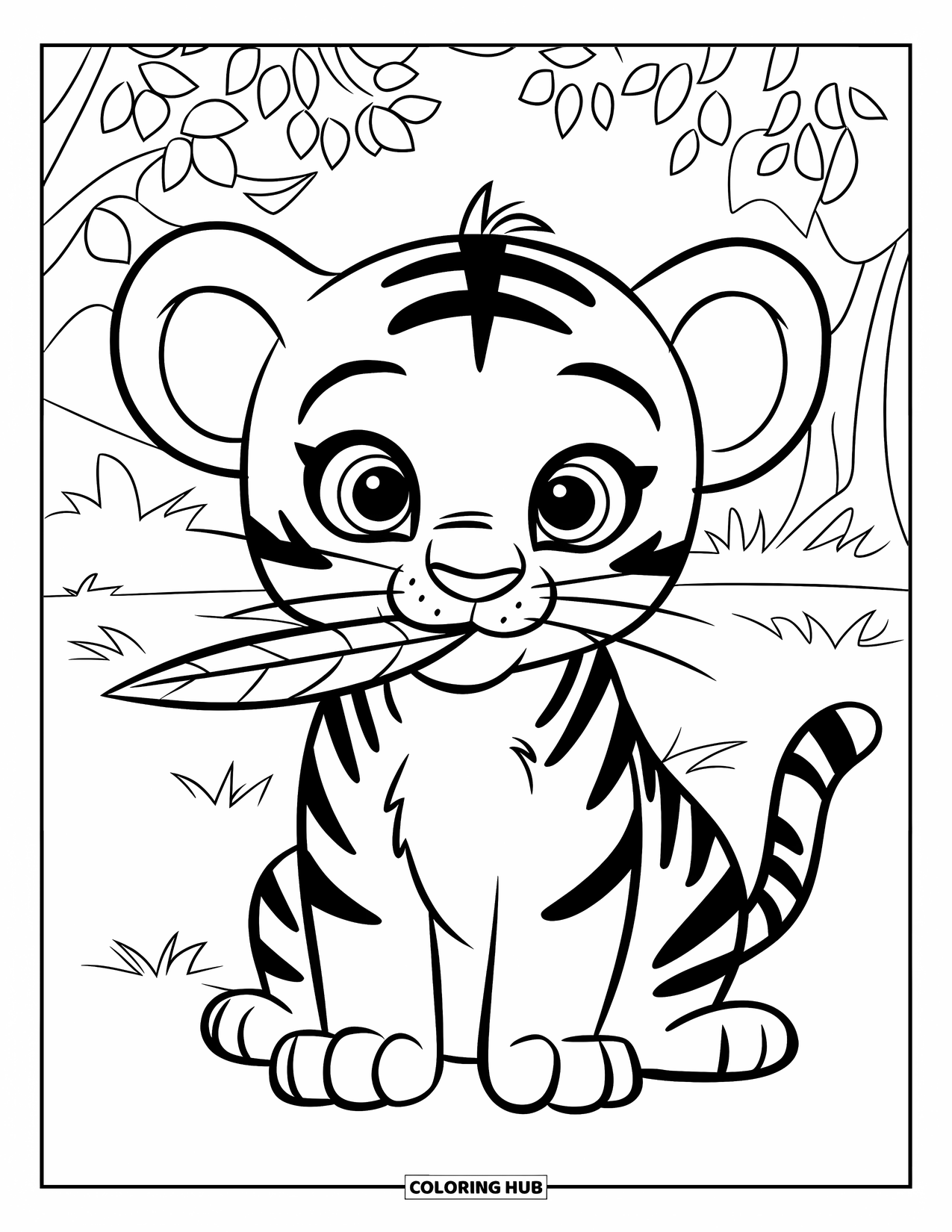 Dibujo para colorear de tigre bebé para niños: Un tigre bebé se sienta en la hierba, sosteniendo una hoja en su boca