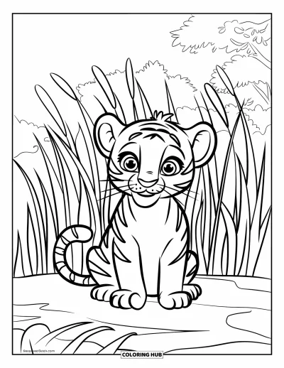Tegning af babytiger til børn: Babytiger sidder på en sten med græs der svinger sagte bagved