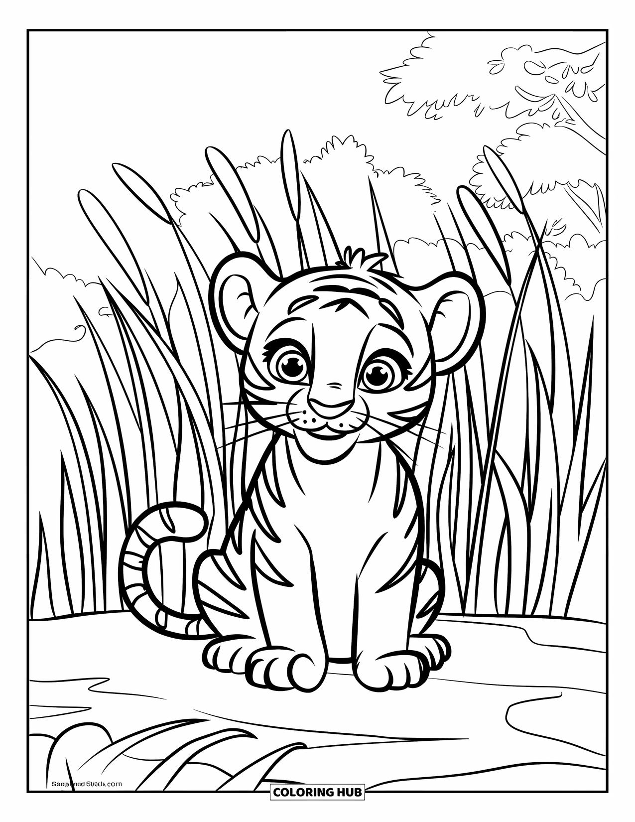 Dibujo para colorear de tigre bebé para niños: Un tigre bebé se sienta en una roca con la hierba balanceándose suavemente detrás