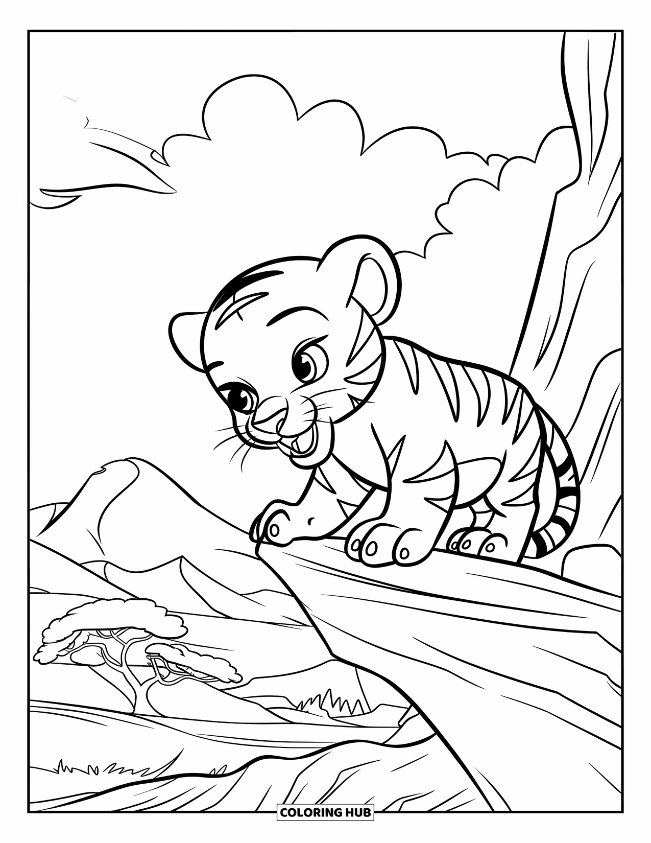 Dibujo para colorear de tigre bebé para niños: Un tigre bebé se sienta en una cornisa rocosa, mirando hacia el bosque