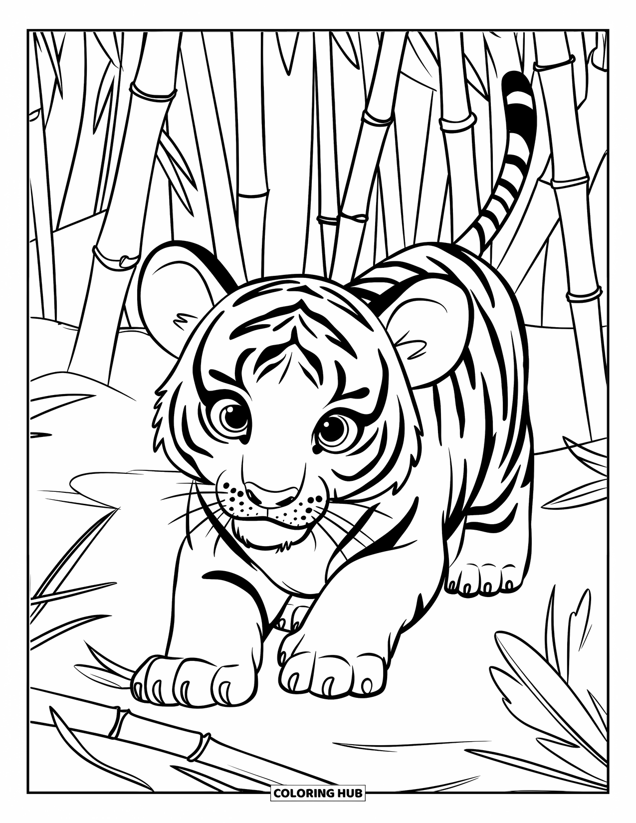 Dibujo para colorear de tigre bebé para niños: Un tigre bebé se escabulle a través del bambú con un enfoque agudo en sus ojos