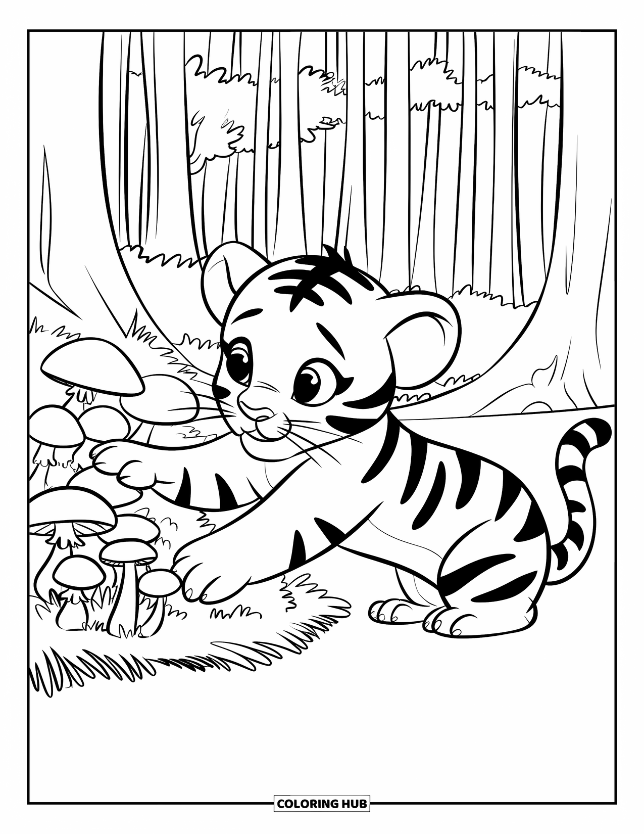Dibujo para colorear de tigre bebé para niños: Un tigre bebé se estira junto a champiñones en un bosque tranquilo