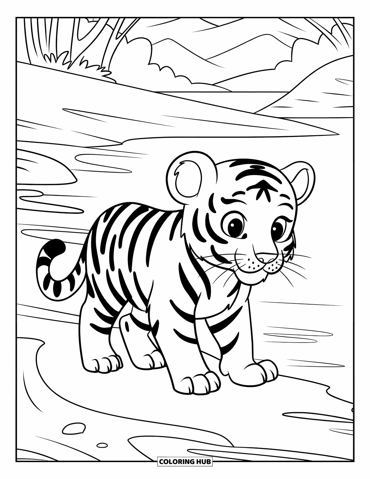 Dibujo para colorear de tigre bebé para niños: Un tigre bebé camina a lo largo de la orilla de un río con árboles y montañas detrás