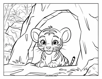 Tegning af babytiger til børn: Nysgerrig babytiger kigger ud fra en klippehule ud mod skoven