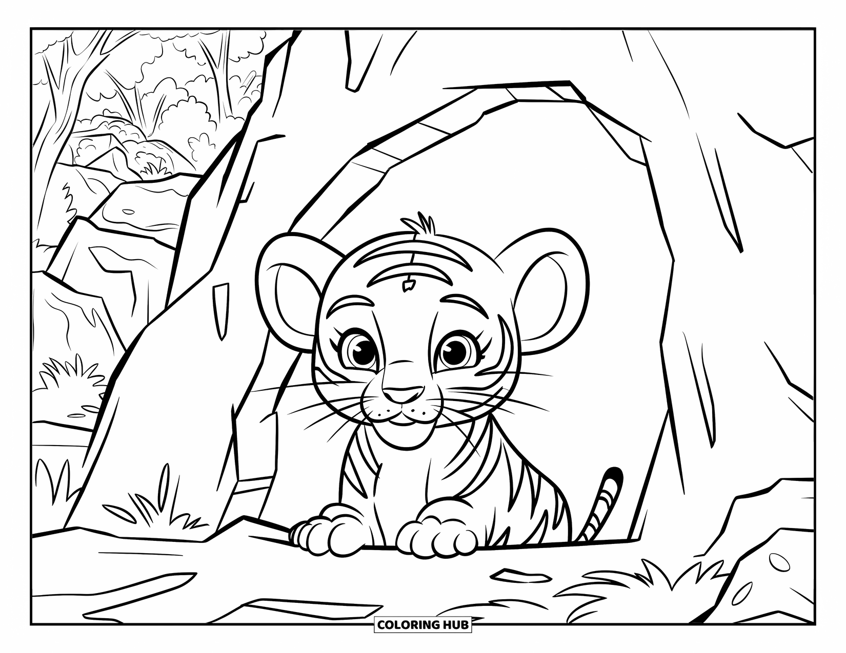 Dibujo para colorear de tigre bebé para niños: Un curioso tigre bebé asoma desde una cueva rocosa hacia el bosque que se extiende más allá