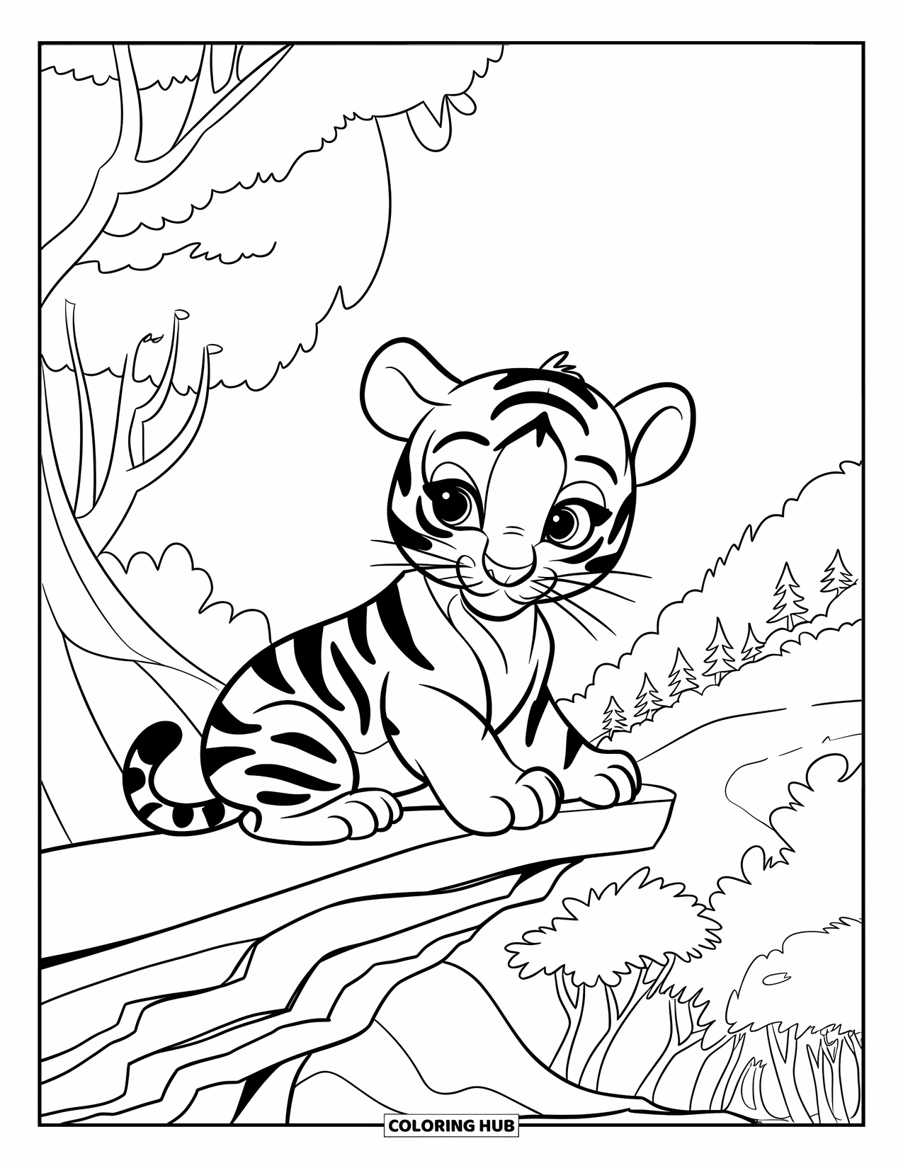 Dibujo para colorear de tigre bebé para niños: Un curioso tigre bebé descansa en un acantilado, observando los árboles muy abajo