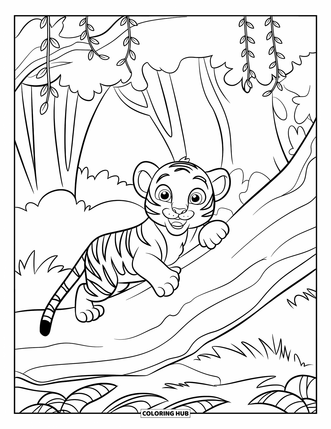 Dibujo para colorear de tigre bebé para niños: Un tigre curioso escala un tronco de la jungla con enredaderas colgando por encima