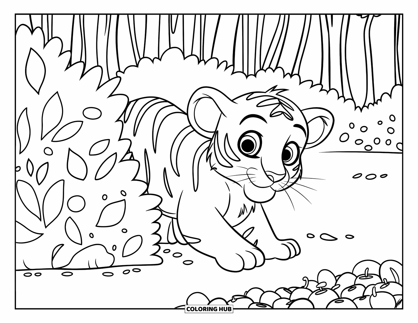 Dibujo para colorear de tigre bebé para niños: Un tigre curioso se esconde en un arbusto, listo para abalanzarse sobre la fruta de la jungla