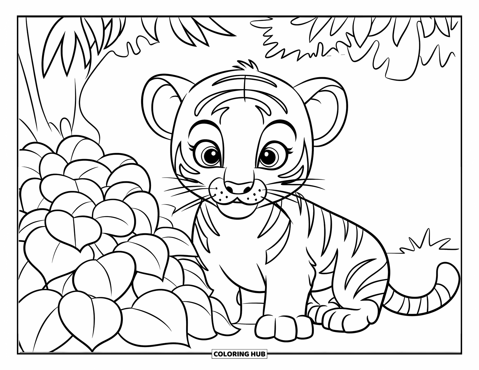 Dibujo para colorear de tigre bebé para niños: Un tigre curioso asoma por detrás de un arbusto frondoso