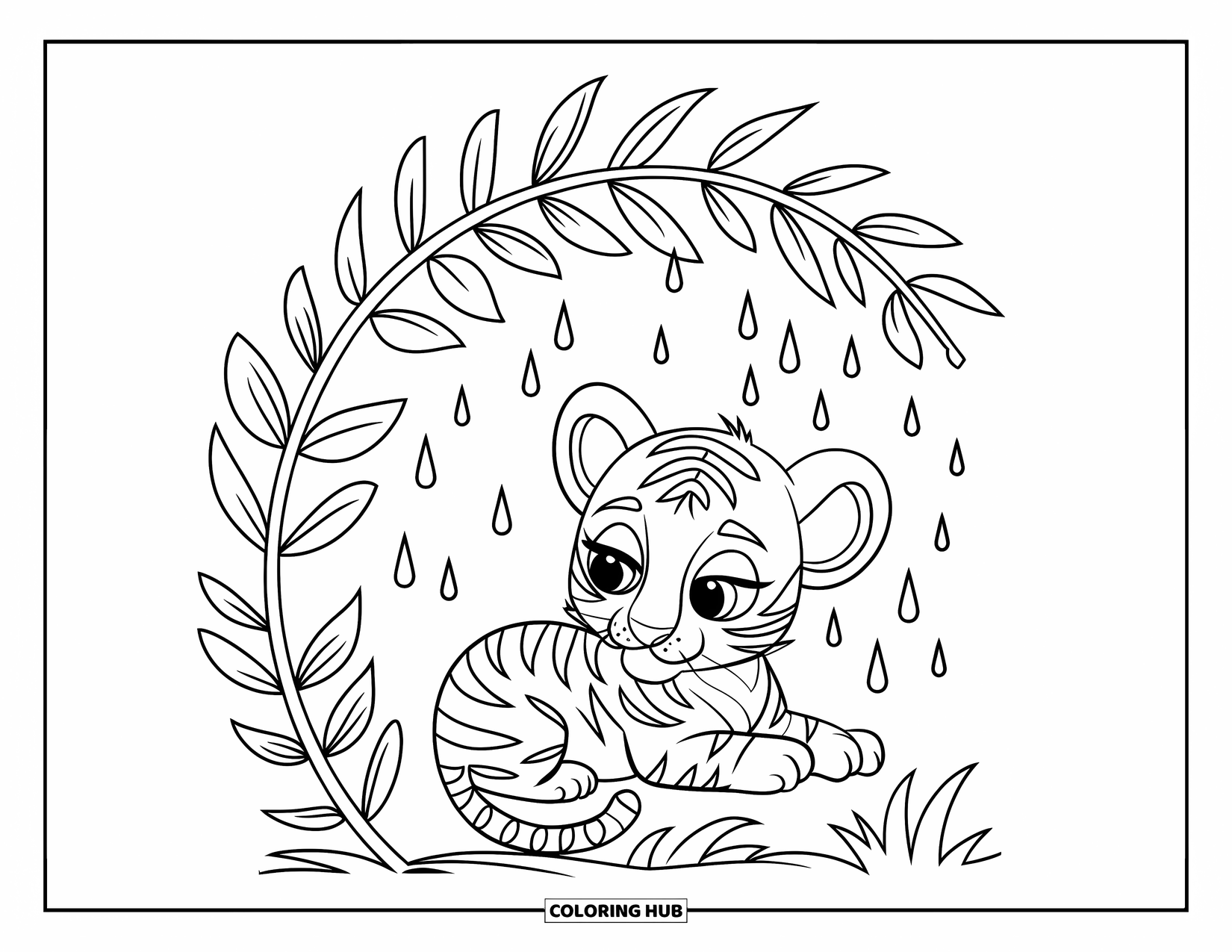 Dibujo para colorear de tigre bebé para niños: Un tigre bebé acurrucado bajo un dosel de hojas, observando silenciosamente la caída de las gotas de lluvia