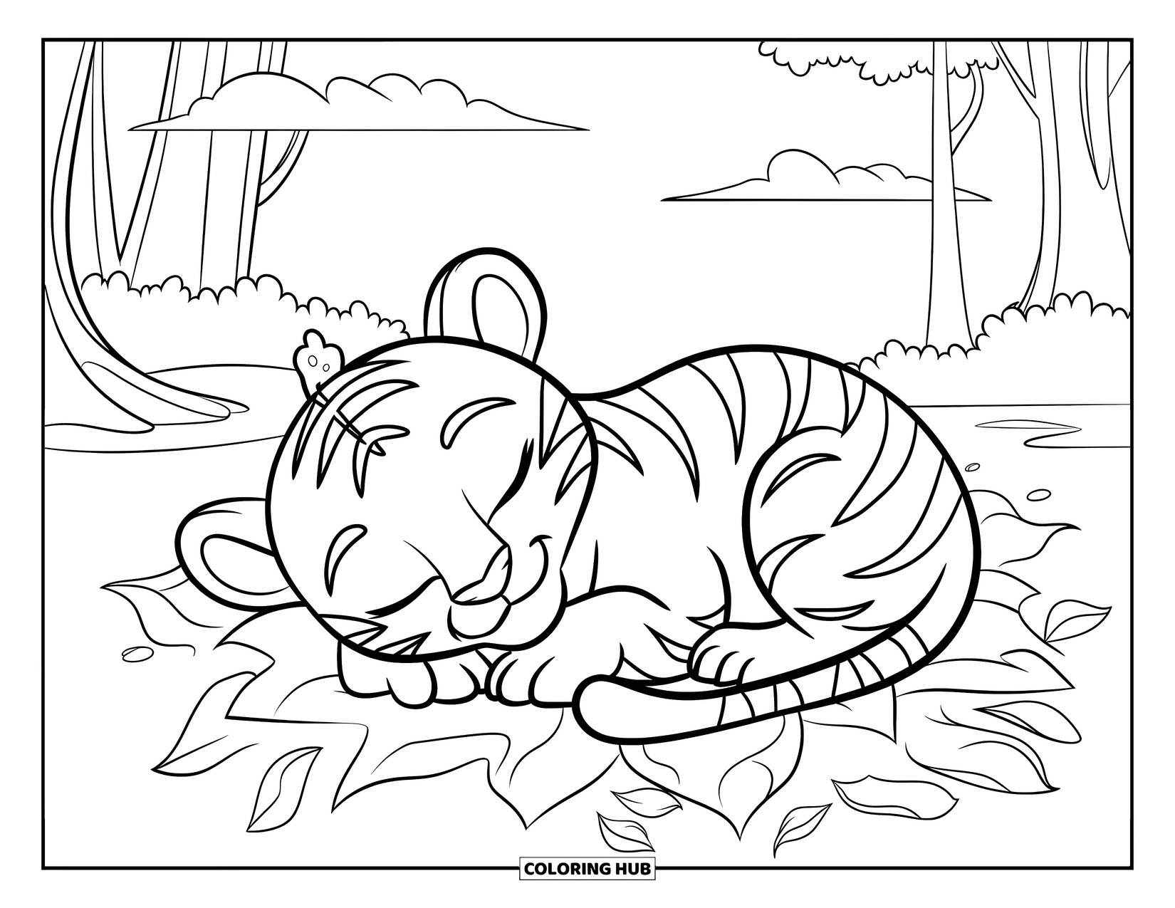 Dibujo para colorear de tigre bebé para niños: Un cachorro de tigre acurrucado duerme tranquilamente en una cama frondosa del bosque