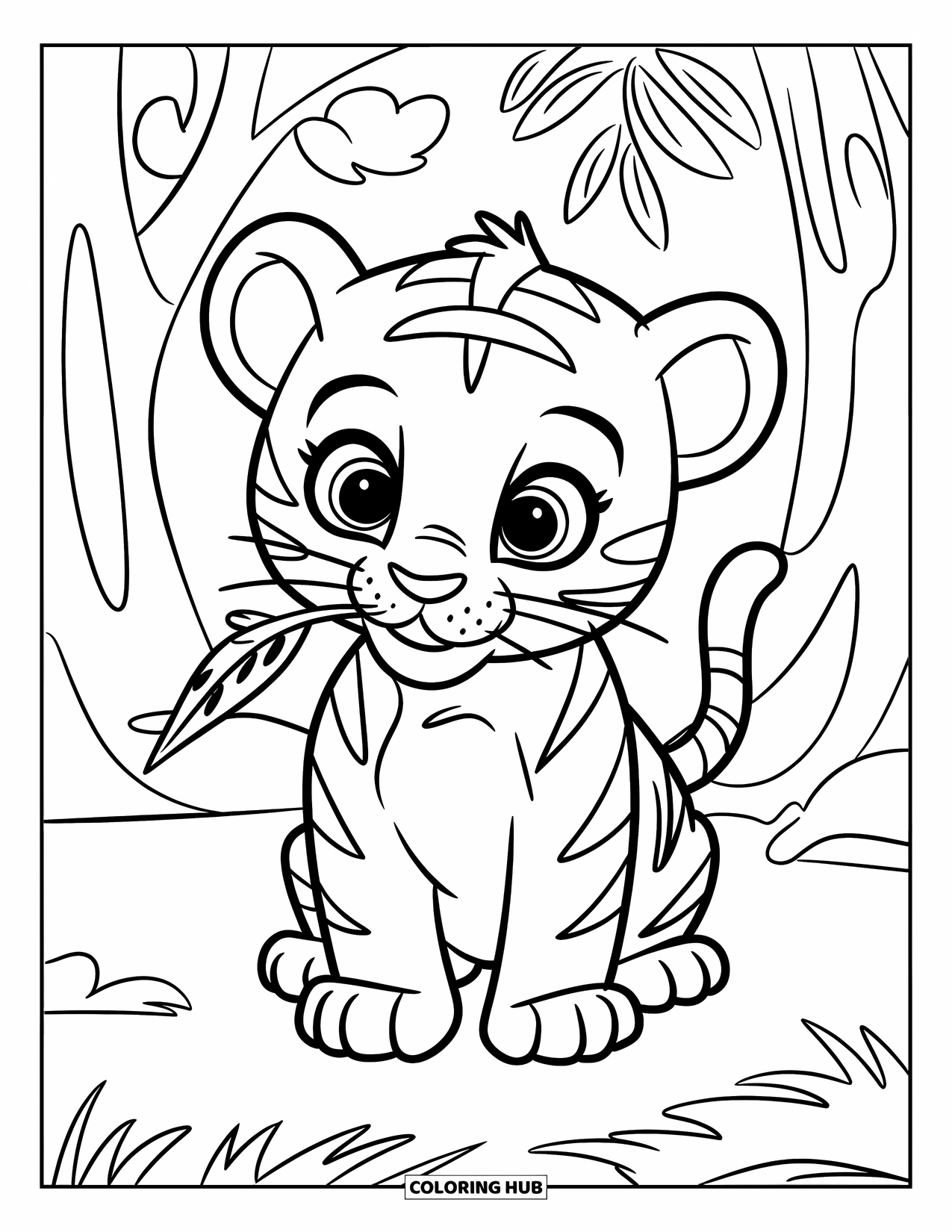 Dibujo para colorear de tigre bebé para niños: Un lindo tigrecito se sienta tranquilamente, sosteniendo una hoja en su boca