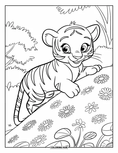 Tegning af babytiger til børn: Sød tiger klatrer op ad en bakke dækket af farverige blomster