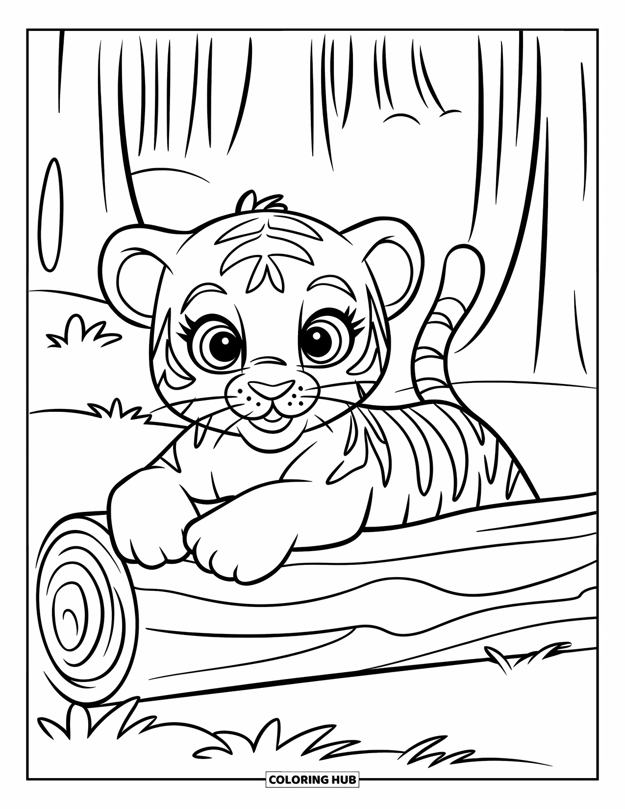 Dibujo para colorear de tigre bebé para niños: Un lindo tigre yace sobre su vientre cerca de un tronco con ojos grandes y juguetones