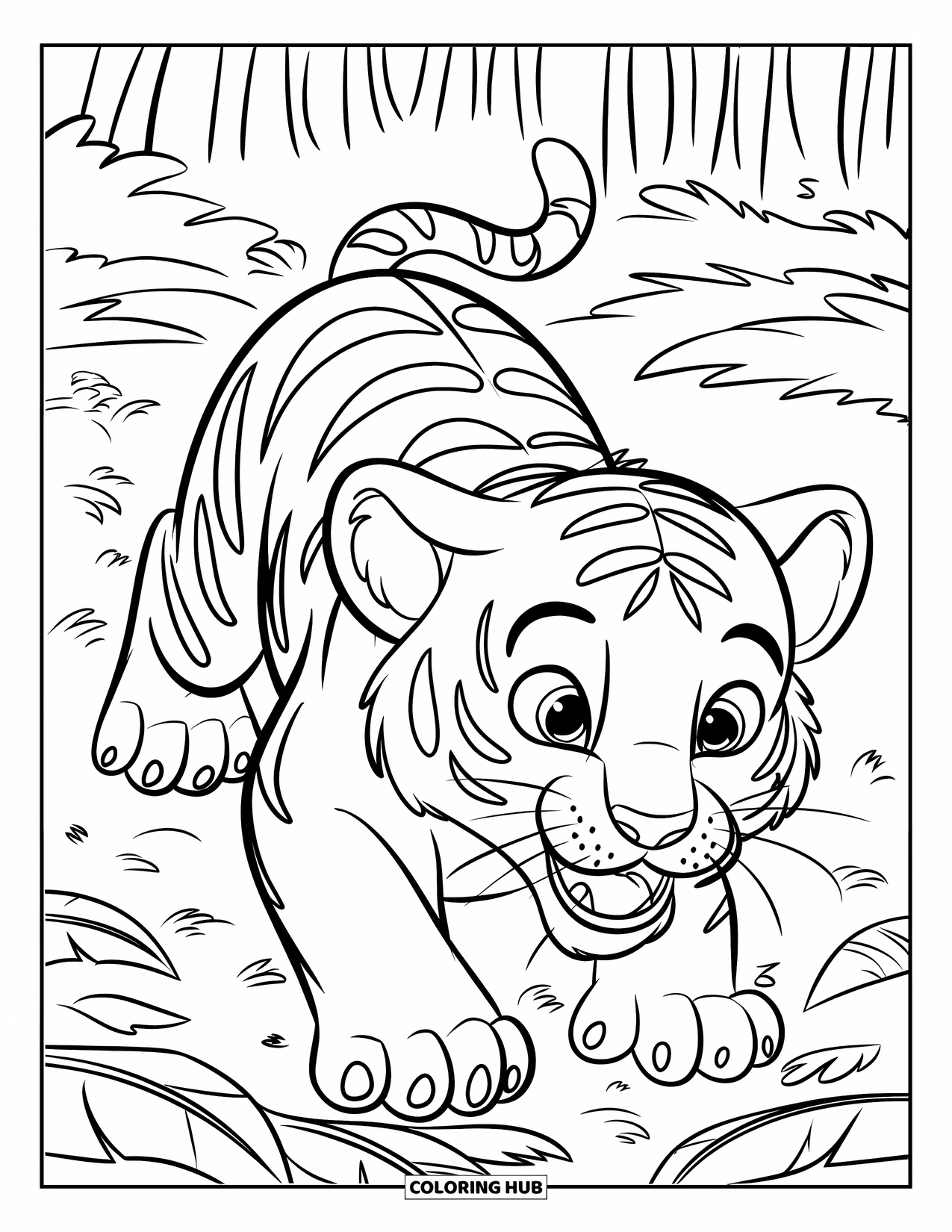 Dibujo para colorear de tigre bebé para niños: Un cachorro de tigre feroz merodea por la jungla, con los ojos bien abiertos y alerta
