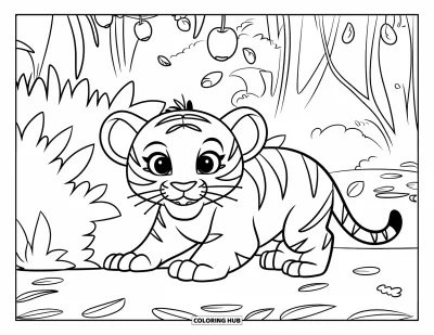 Tegning af babytiger til børn: Lille tiger gemmer sig i buskadset, ved at springe efter nedfaldende frugt