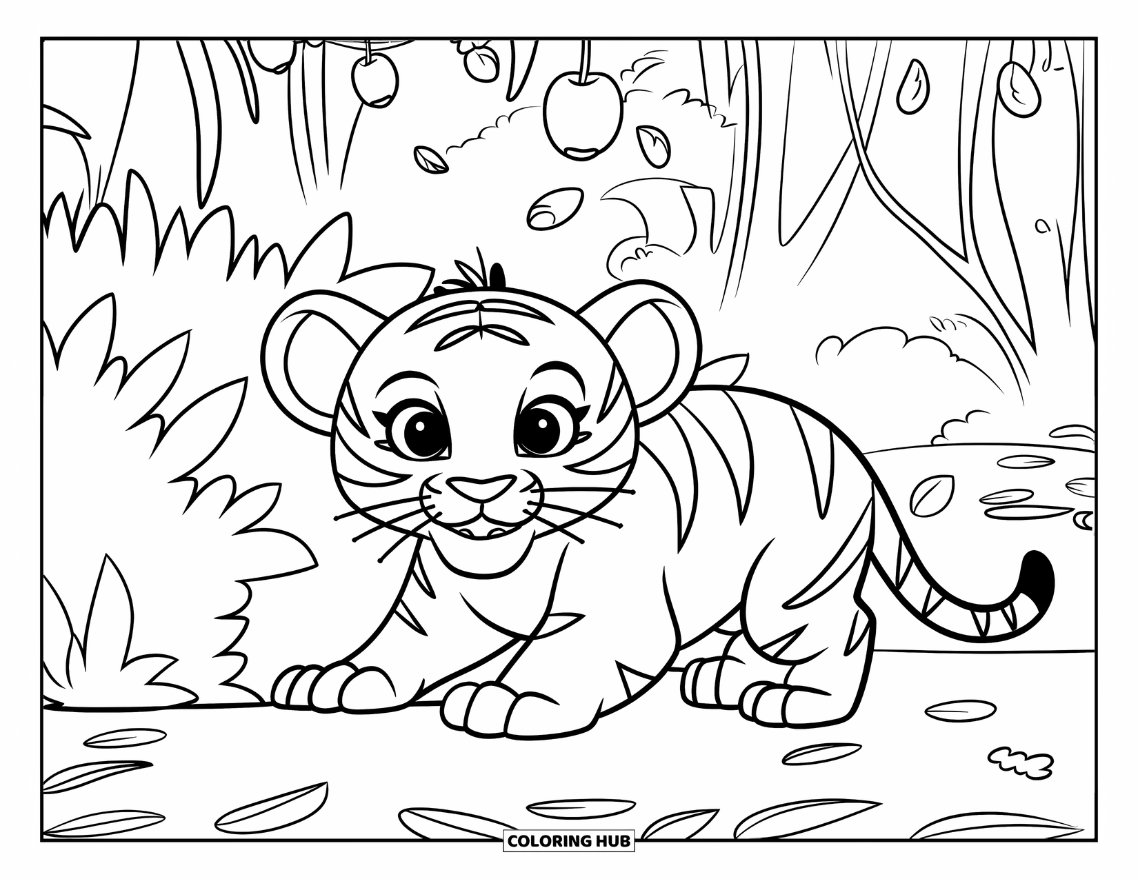 Dibujo para colorear de tigre bebé para niños: Un pequeño tigre se esconde en los arbustos, a punto de saltar sobre la fruta que cae