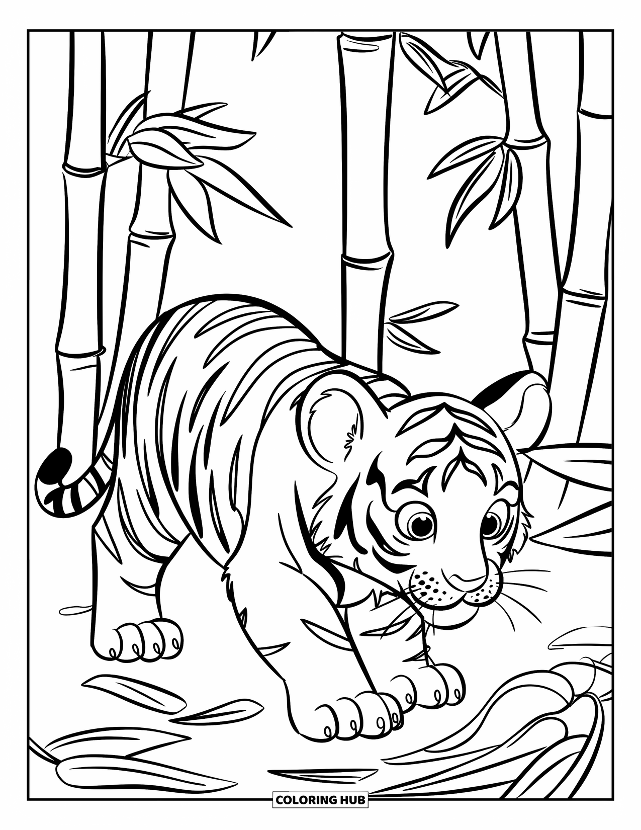 Dibujo para colorear de tigre bebé para niños: Un pequeño tigre se mueve a través de altos bambúes, observando silenciosamente su camino