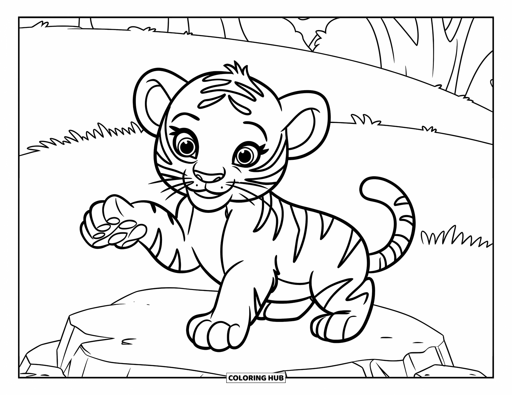 Dibujo para colorear de tigre bebé para niños: Un pequeño tigre sobre una roca levanta una pata con alegría juguetona