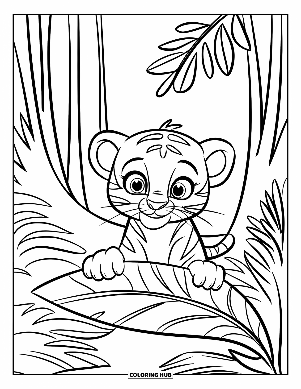 Dibujo para colorear de tigre bebé para niños: Un pequeño tigre asoma por detrás de una audaz hoja de la jungla con una mirada alegre