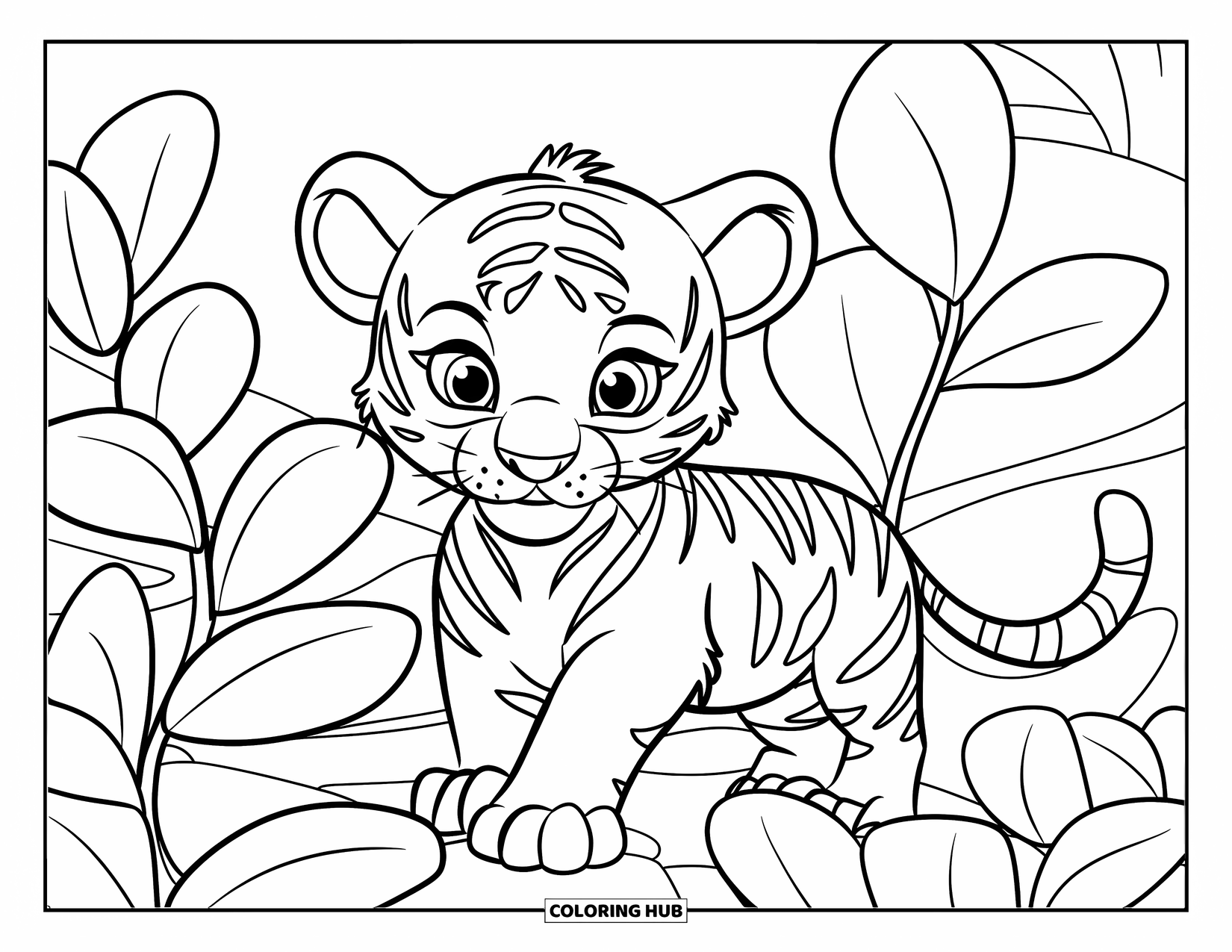 Dibujo para colorear de tigre bebé para niños: Un pequeño tigre asoma tímidamente por detrás de un gran arbusto frondoso