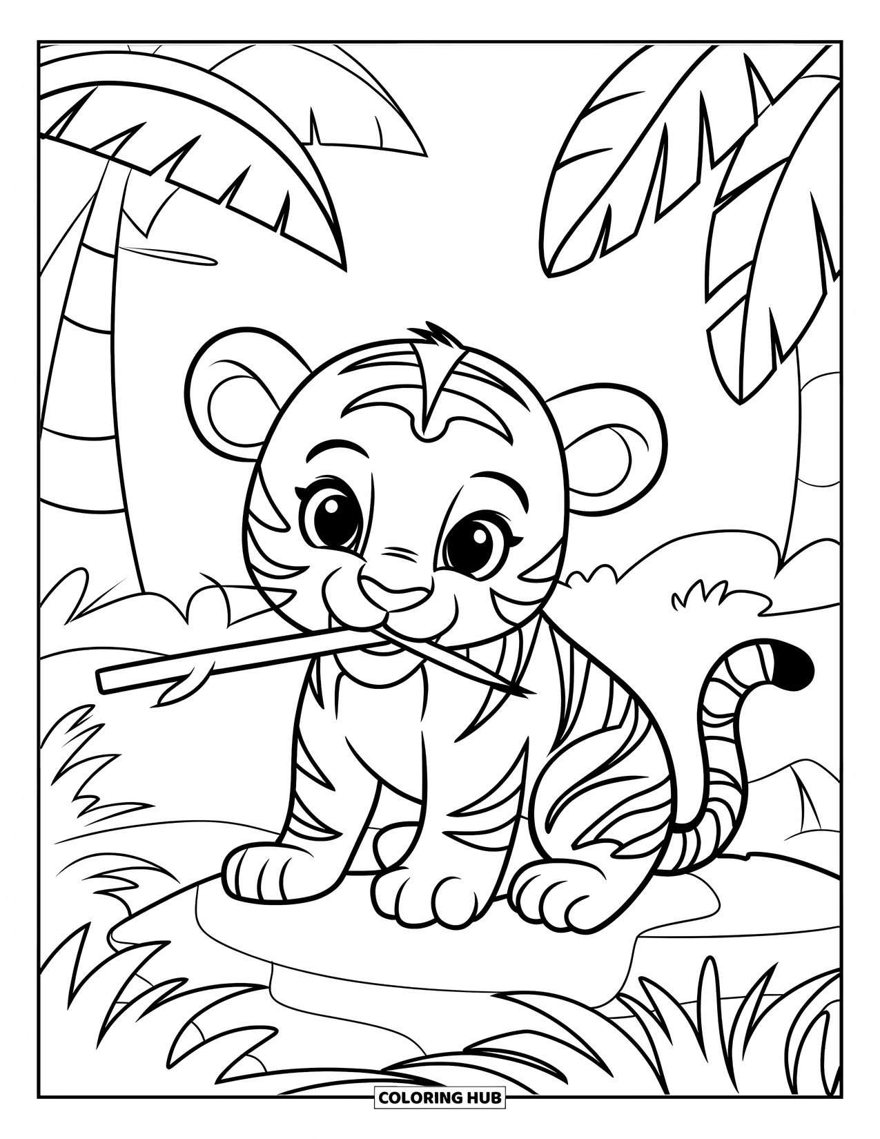 Dibujo para colorear de tigre bebé para niños: Un pequeño tigre se sienta bajo palmeras, masticando un palo a la sombra