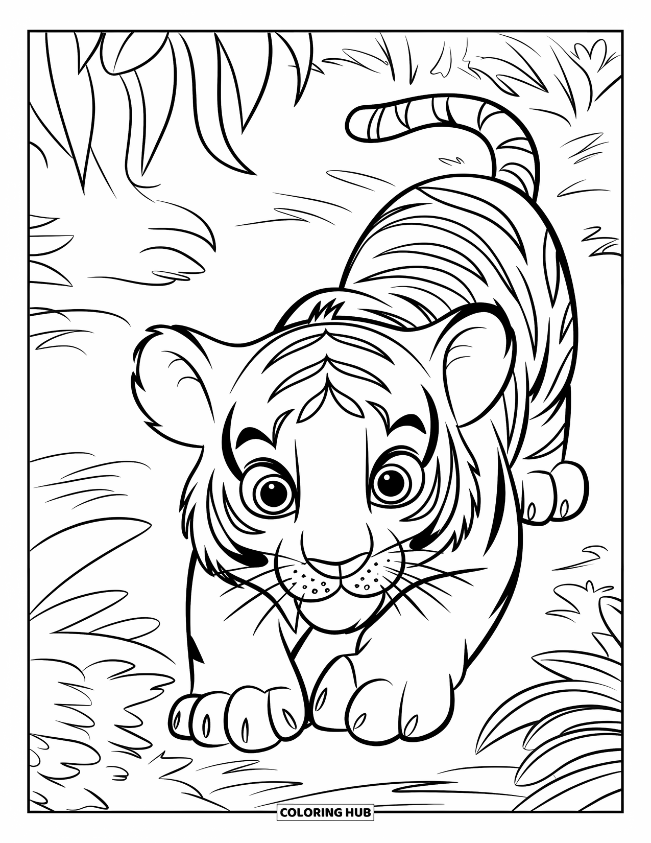 Dibujo para colorear de tigre bebé para niños: Un pequeño tigre se escabulle a través de la exuberante jungla, con los ojos enfocados hacia adelante