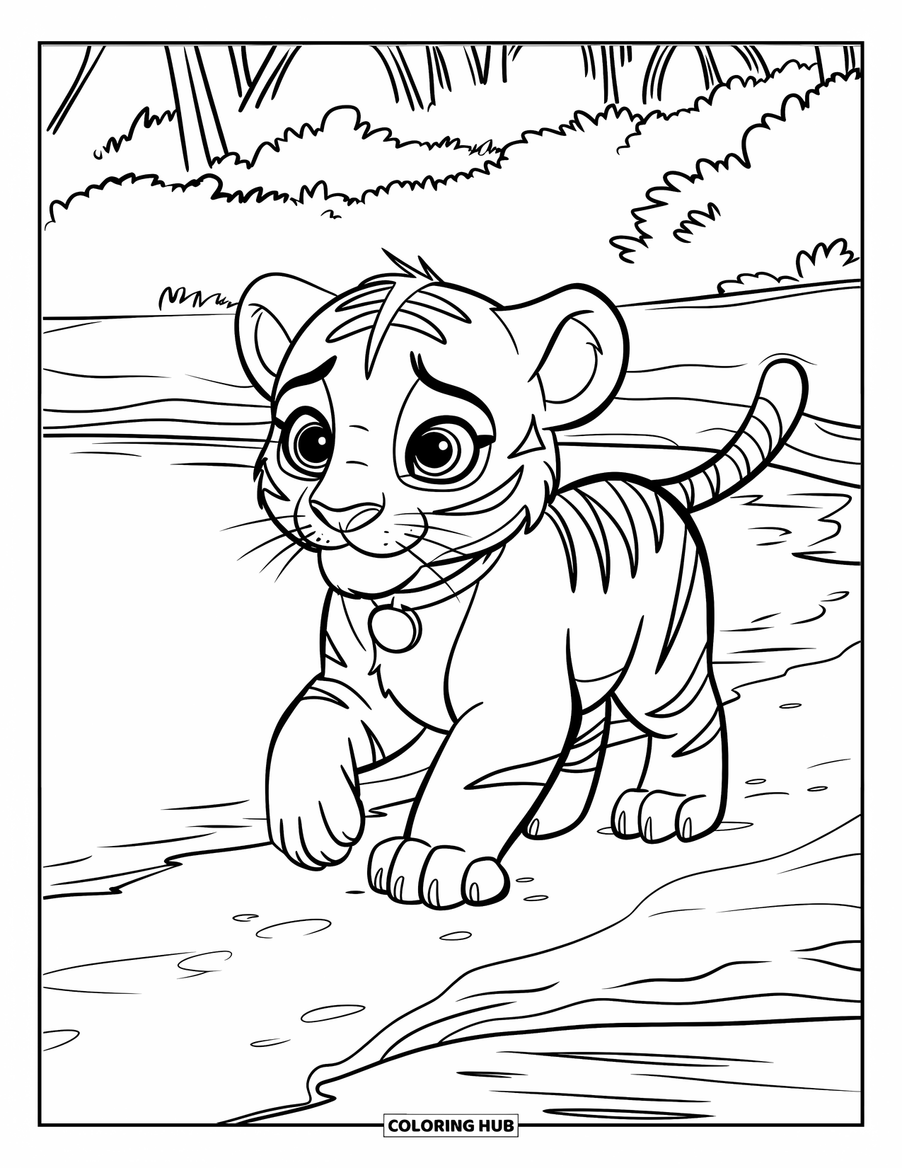 Dibujo para colorear de tigre bebé para niños: Un pequeño tigre camina cerca del agua con ojos grandes y un ambiente juguetón