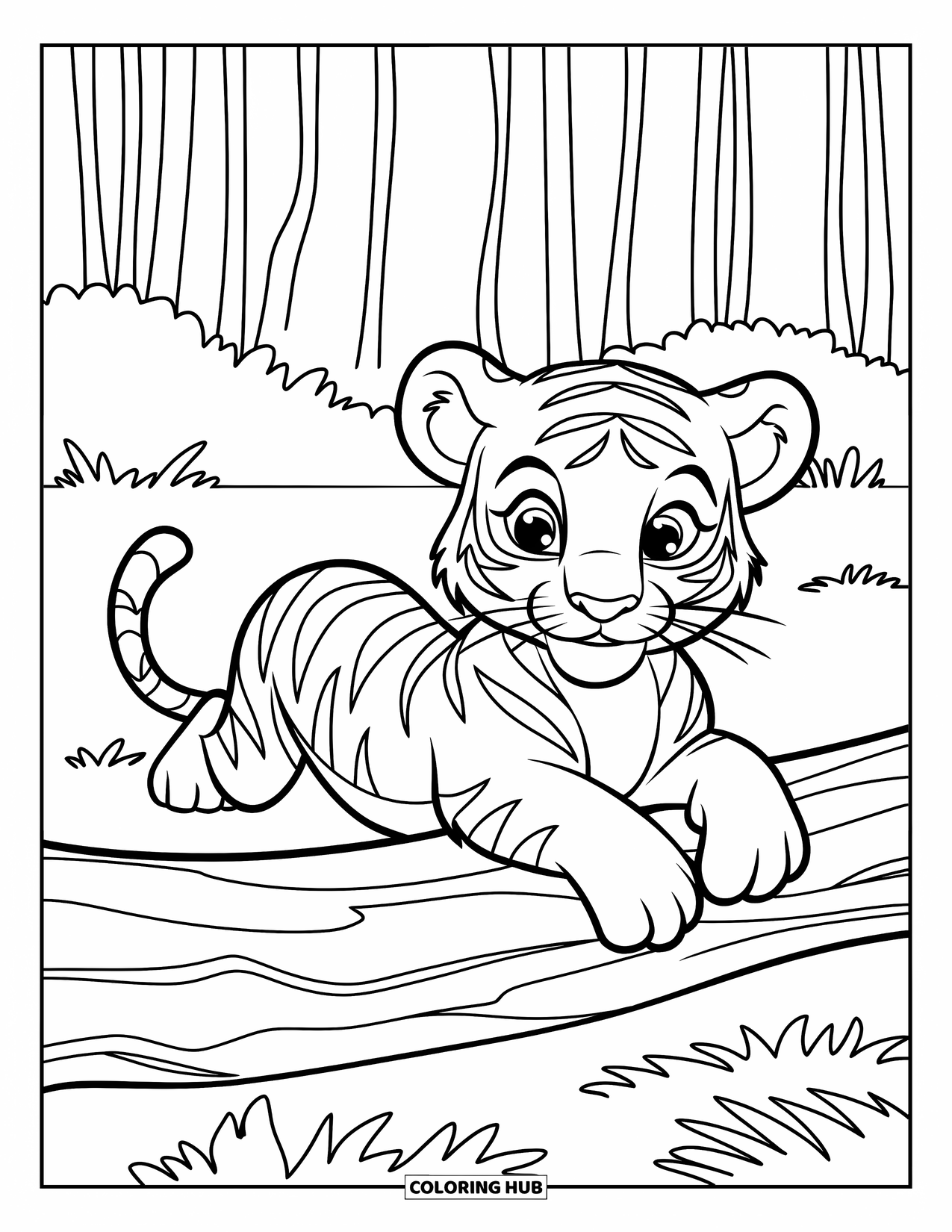 Dibujo para colorear de tigre bebé para niños: Un juguetón tigre bebé descansa junto a un tronco en un bosque frondoso