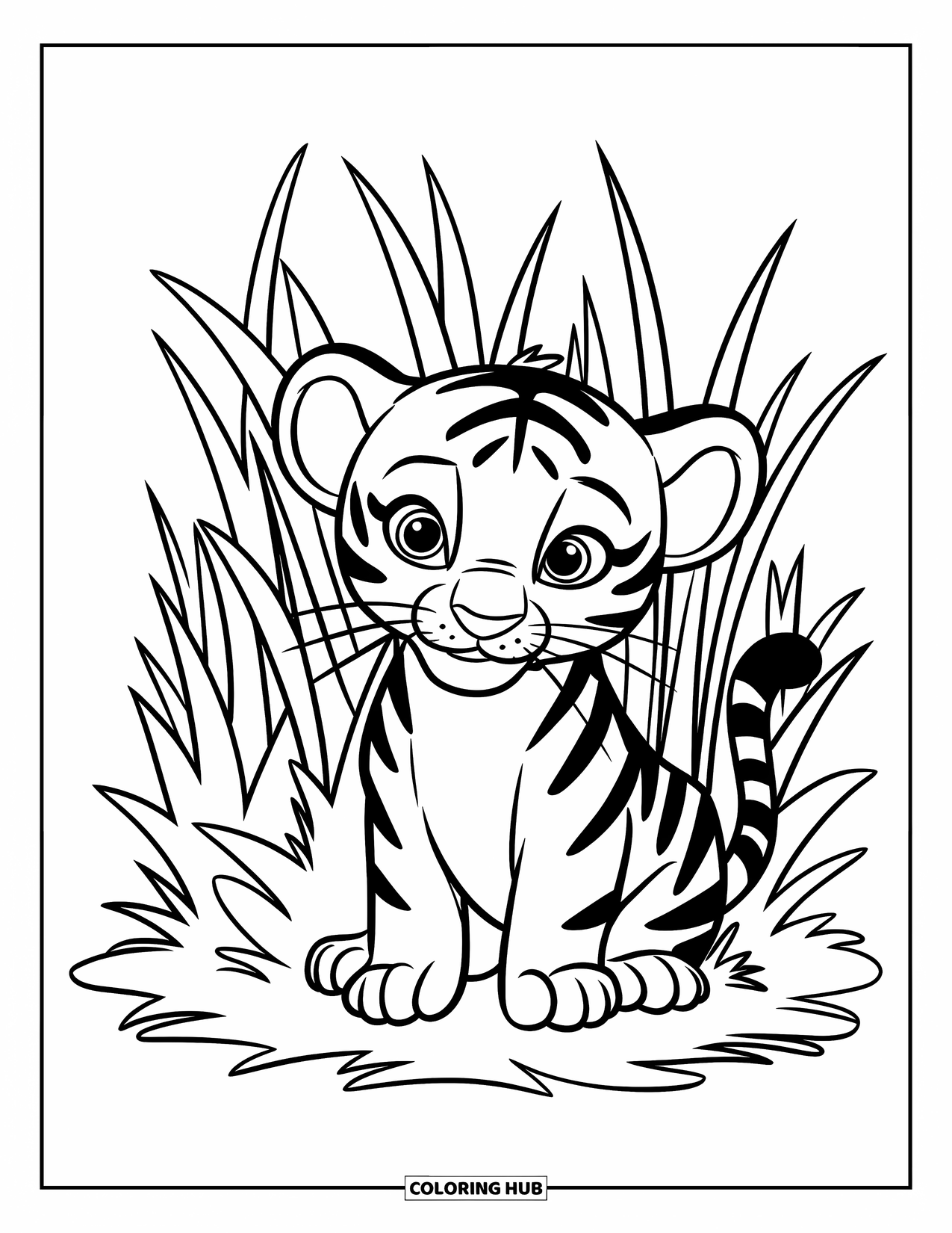 Dibujo para colorear de tigre bebé para niños: Un juguetón tigre bebé se sienta tranquilamente entre hierba alta con los ojos bien abiertos