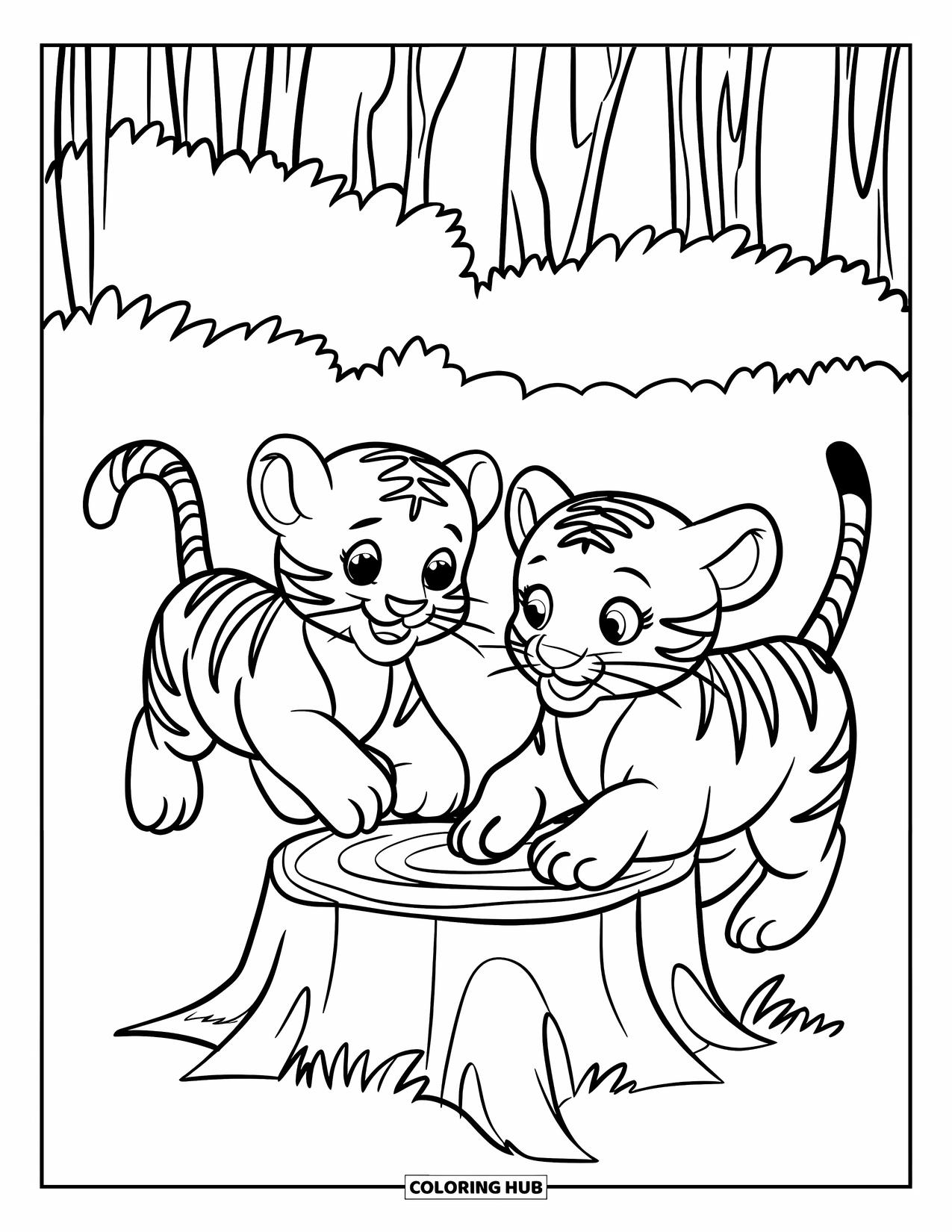 Dibujo para colorear de tigre bebé para niños: Unos cachorros juguetones corren en círculos alrededor del tronco de un árbol en el bosque