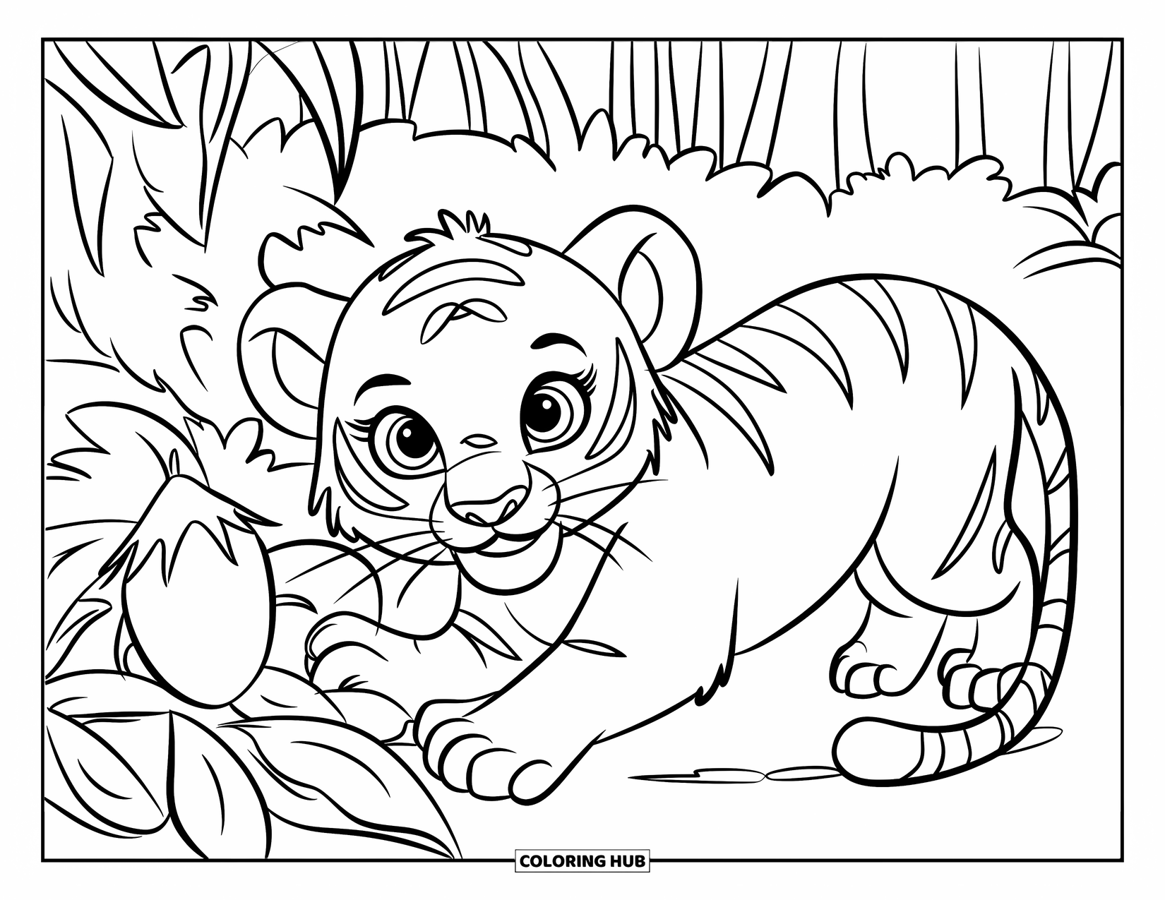 Dibujo para colorear de tigre bebé para niños: Un tigre juguetón se agacha detrás de un arbusto, listo para la diversión con la fruta de la jungla