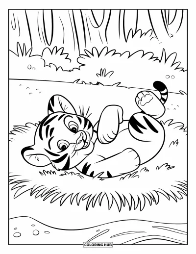 Tegning af babytiger til børn: Legesyg tiger ligger på ryggen med poterne i vejret i et skovgræs