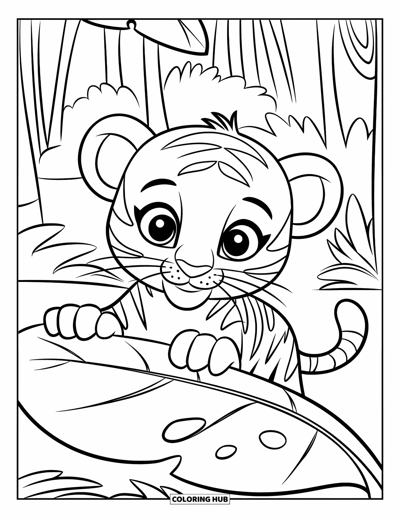 Dibujo para colorear de tigre bebé para niños: Un tigre juguetón asoma por un gran escondite frondoso en la jungla