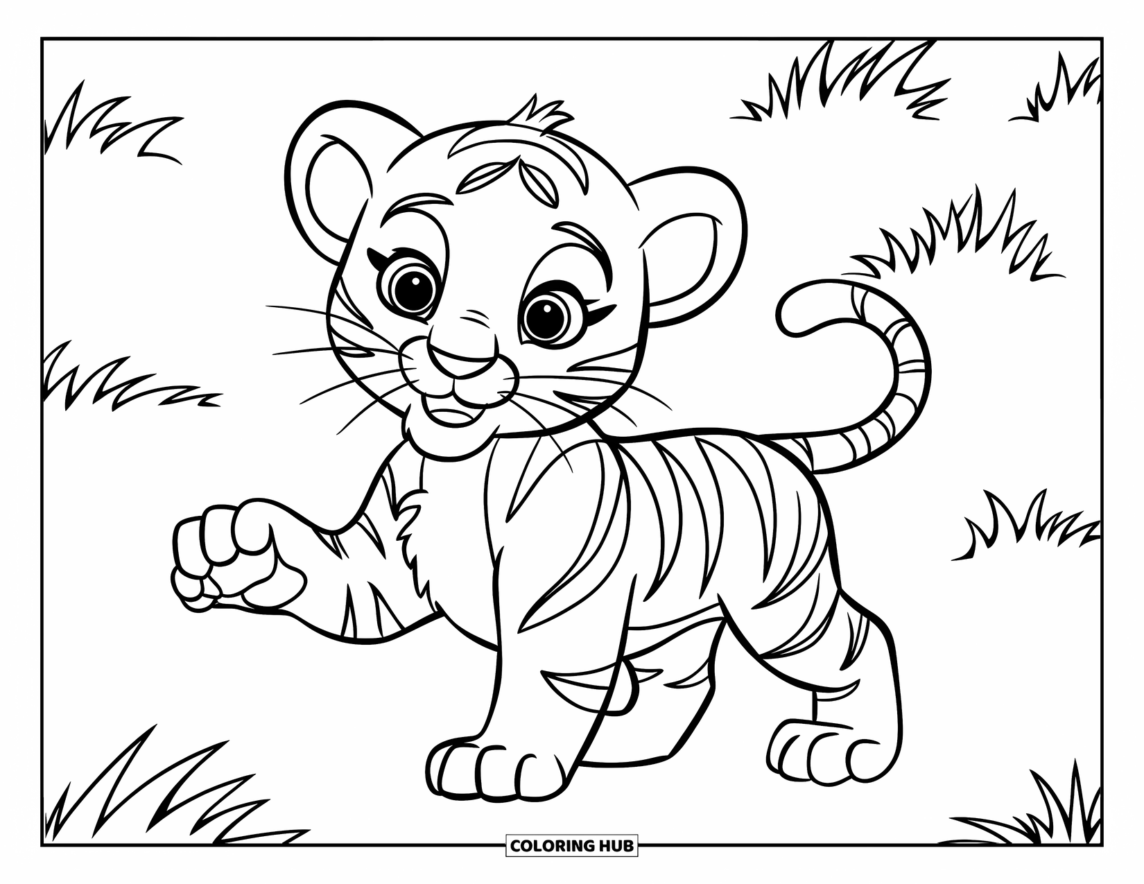 Dibujo para colorear de tigre bebé para niños: Un tigre juguetón levanta una pata mientras está de pie en la hierba