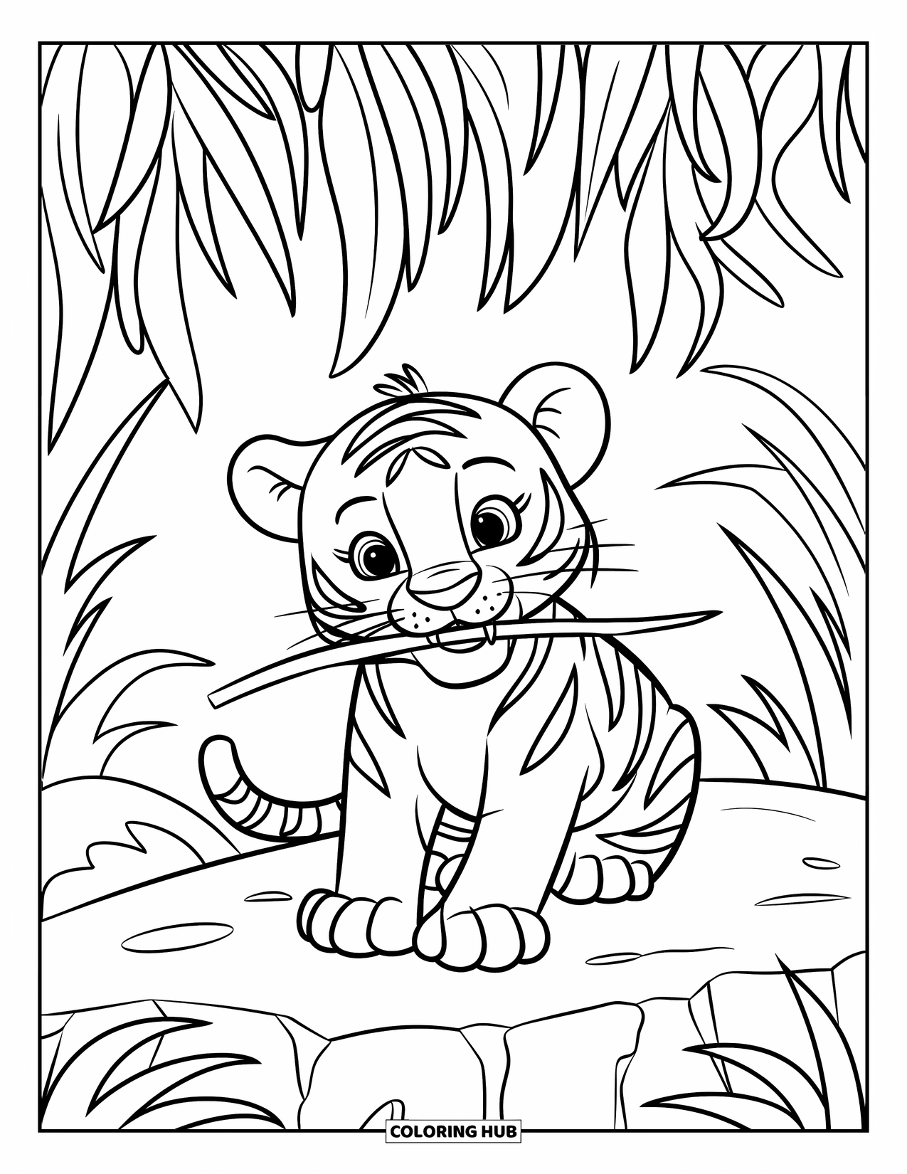 Dibujo para colorear de tigre bebé para niños: Un tigre juguetón se sienta en una roca, masticando un palo en la hierba alta