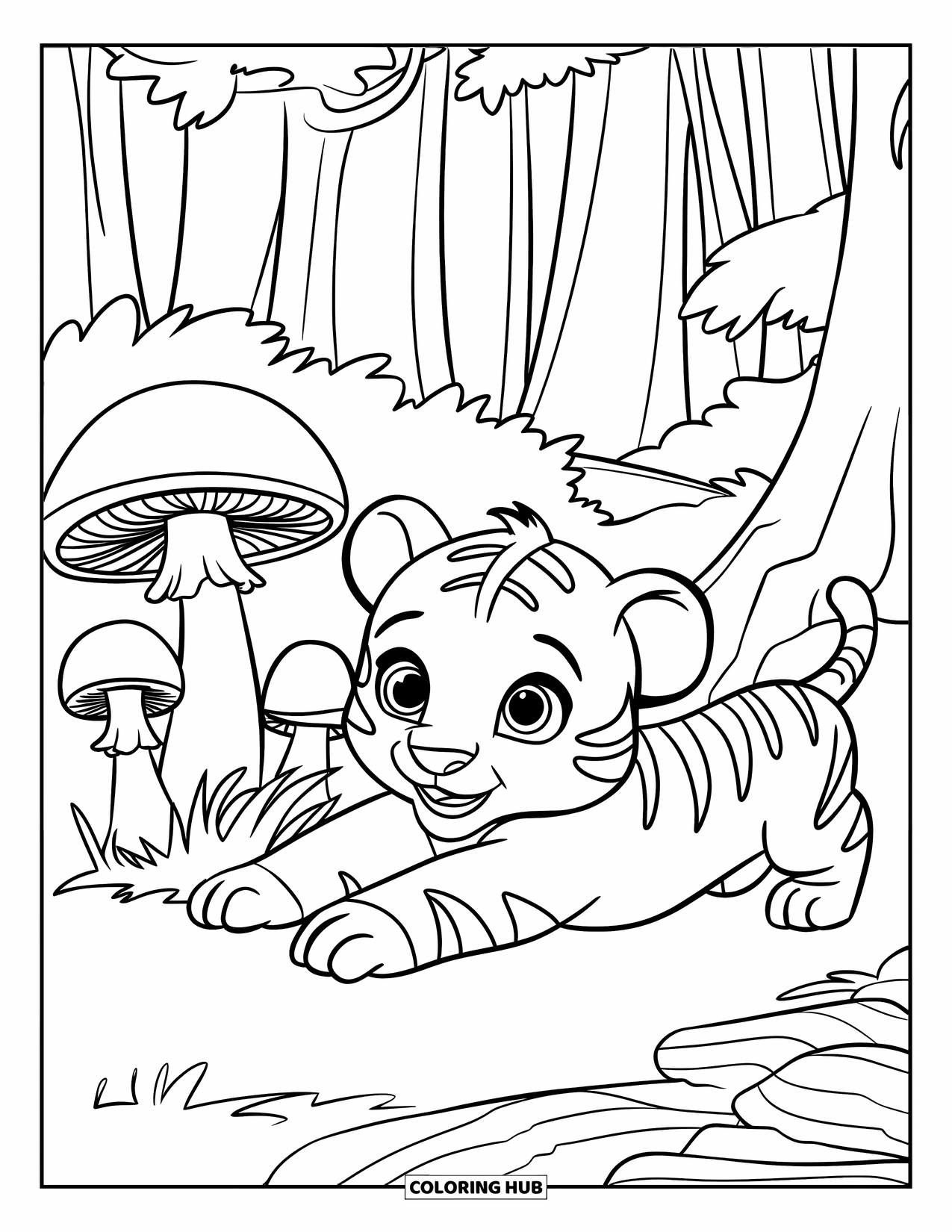 Dibujo para colorear de tigre bebé para niños: Un tigre juguetón se estira junto a un círculo de champiñones con volantes
