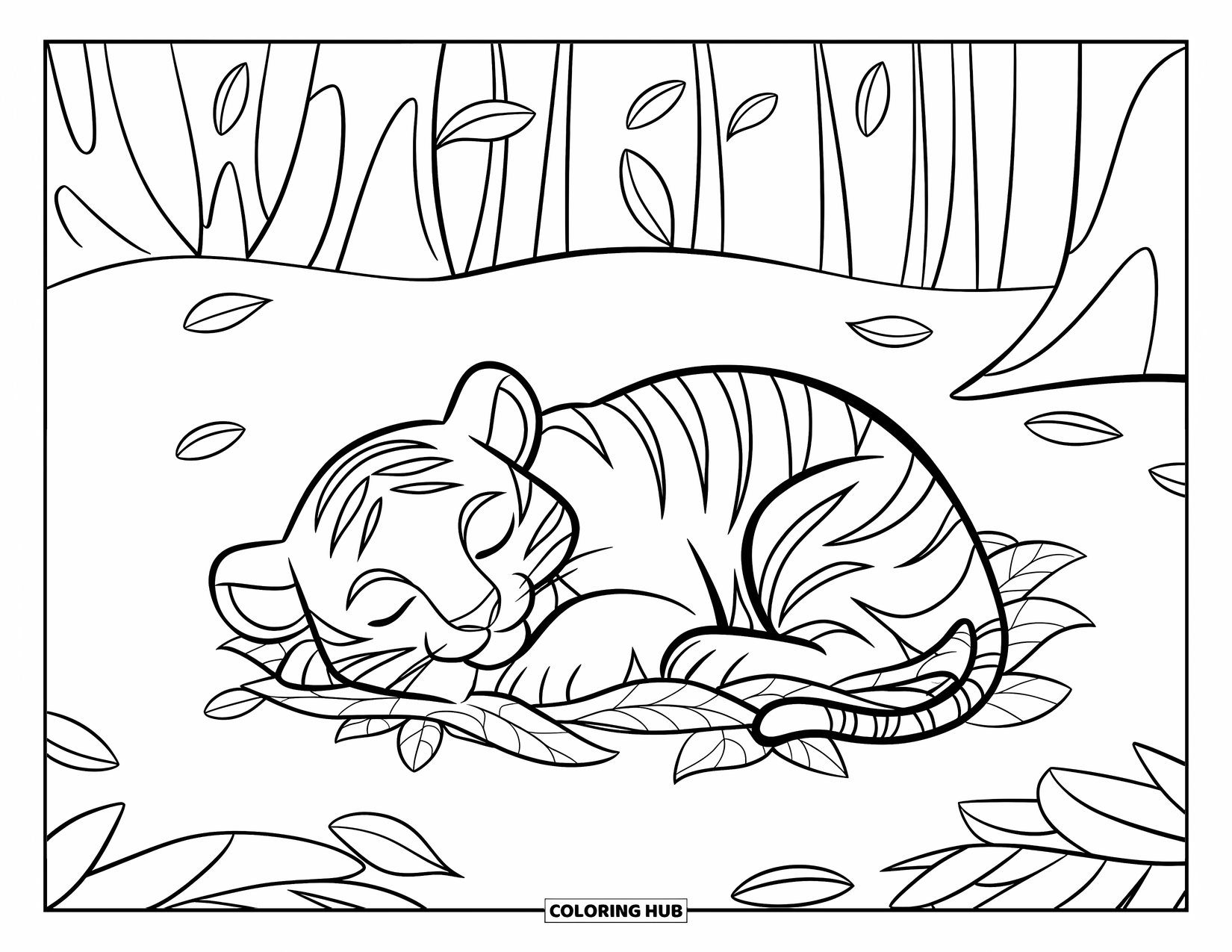 Dibujo para colorear de tigre bebé para niños: Un pequeño tigre somnoliento descansa entre hojas caídas bajo árboles altos