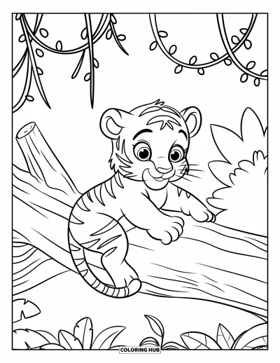 Tegning af babytiger til børn: Tigerunge klatrer op ad et væltet træ i en løvrig jungle