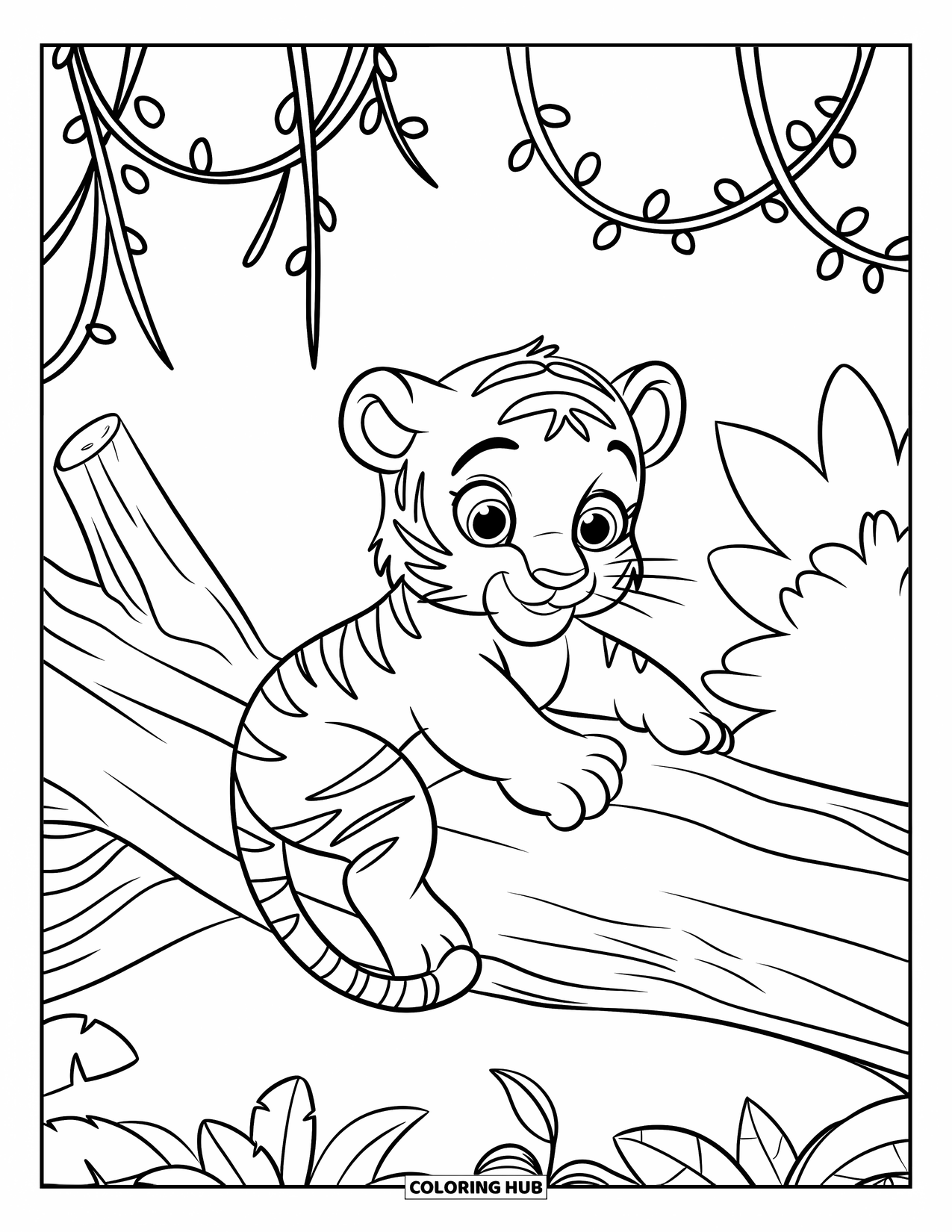 Dibujo para colorear de tigre bebé para niños: Un cachorro de tigre escala un árbol caído en una jungla frondosa